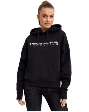 Mugler Hoodies & Sweatvesten ,Zwart ,Katoen Zwarte Hoodie Met Zilveren Logo