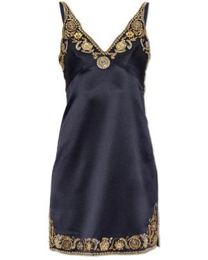 Versace Geborduurd Zijde Cady Satijnen Mini Jurk - Blauw