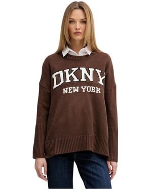 DKNY Varsity Logo Intarsia Ronde Hals Trui - Bruin