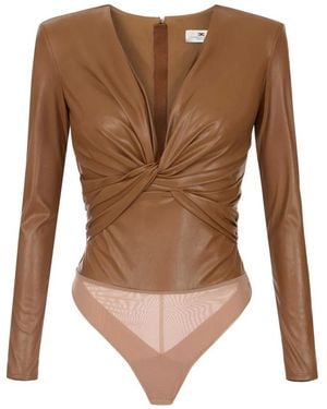Elisabetta Franchi Tops ,Bruin ,Leer Bodysuit Met Strik