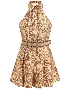 Zimmermann Luipaard Korte Jurk Met Raffia Riem - Naturel