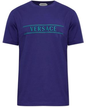 Versace Tops ,Blauw ,Katoen Katoenen T-Shirt Met Geborduurd Logo