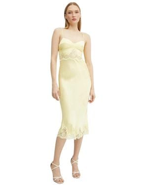 Ermanno Scervino Kleedjes ,Geel ,Satijn Satijnen Slipjurk Met Kanten Rand, Midi-Lengte - Metallic