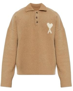 Ami Paris Truien & Vesten ,Wol Oversized Logo Polo - Naturel