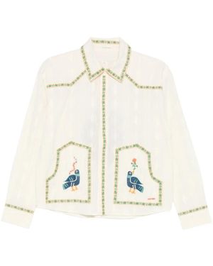Mother Bird And Floral Embroidered Shirt - Weiß