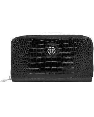 Philipp Plein Accessoires ,Zwart ,Leer Rounded Zip Wallet Cocco Shiny