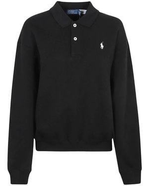 Ralph Lauren Hoodies & Sweatvesten ,Zwart ,Katoen Sweatshirt Met Polokraag Van Fleece