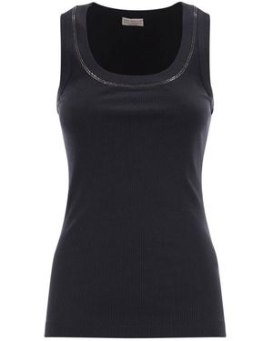 Brunello Cucinelli Tops ,Blauw ,Katoen Ribbed Jersey Top - Zwart