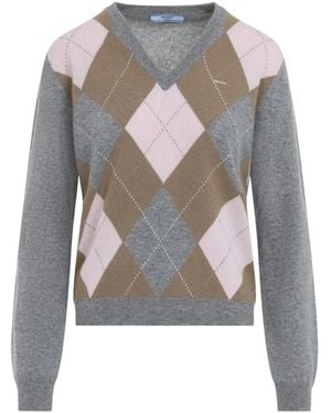Prada Argyle V-Neck Trui - Grijs