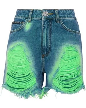 Philipp Plein Tie-Dye Denim 5 Pocket Hot Pants - Groen