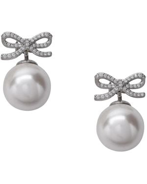 Self-Portrait Crystal Bow Pearl Back Earrings - Mettallic