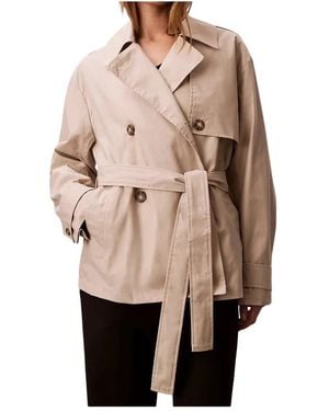 Calvin Klein Jassen ,Grijs ,Katoen Mid Length Cotton Trench - Naturel