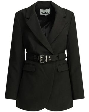 Ganni Jassen ,Zwart ,Leer Geknoopte Blazer Met Ceintuur