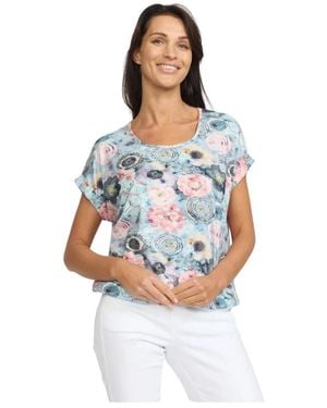 2-Biz Blau Blumenmuster Kurzarmbluse