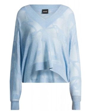 BOSS Floral Knit Jacquard V-Neck Sweater - Blau