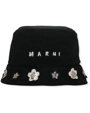 Marni Accessoires ,Zwart ,Katoen Taffeta Bucket Hat Met Madeliefjesapplicaties