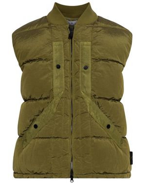 Stone Island Jassen ,Groen ,Leer Donsjack Met Bomberkraag