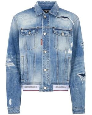 DSquared² Jassen ,Blauw ,Leer Gedistilleerde Denim Trucker Jas Met Logo Tailleband