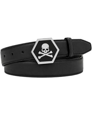 Philipp Plein Leren Riem Skull - Zwart