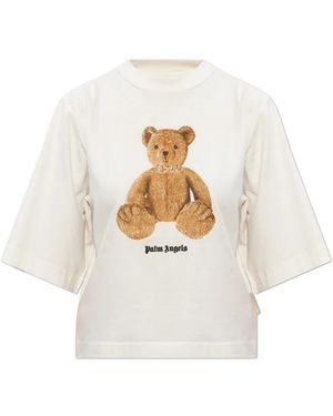 Palm Angels Tops ,Katoen Cropped T-Shirt Met Gedrukt Logo - Wit