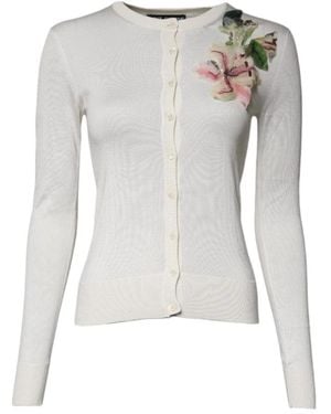 Dolce & Gabbana Floral Silk Embellished Cardigan Jumper - Grey
