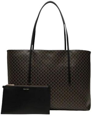 Calvin Klein Tassen ,Zwart ,Polyester Allover Emblem Logo Tote Bag Met Pouch