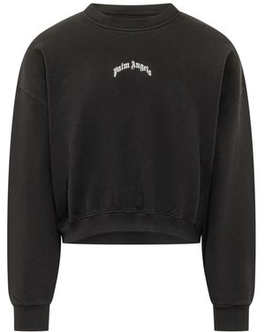 Palm Angels Hoodies & Sweatvesten ,Zwart ,Katoen Curved Logo Crop Crew
