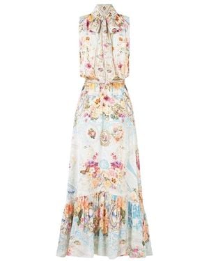 CAMILLA Kleedjes ,Veelkleurig ,Jurk Met Strikceintuur En Elastische Taille - Wit