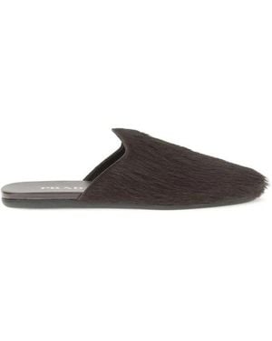 Prada Leren Muiltjes Met Lang Haar Detail - Bruin