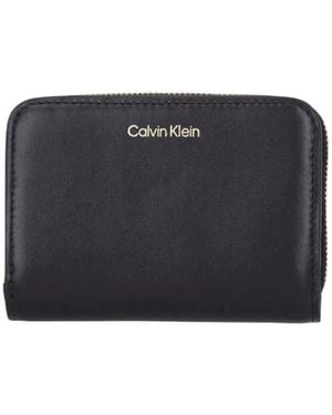 Calvin Klein Leren Portemonnee Met Rits En Binnenvakken - Zwart