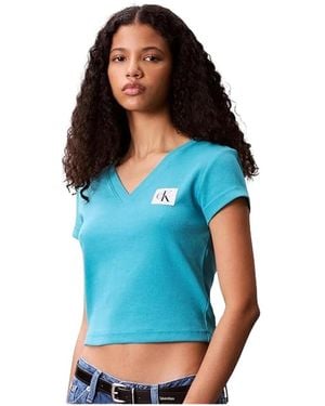Calvin Klein Tops ,Blauw ,Katoen V-Hals T-Shirt