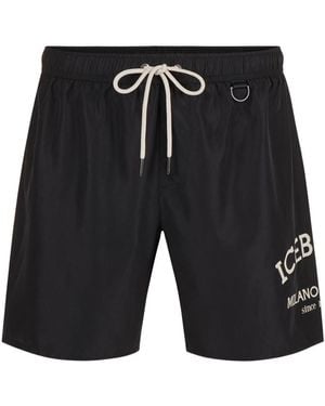 Iceberg Schwarze Badehose Mit Kordelzug Und Kontrastierendem Logo Am Bein