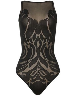 Wolford Tops ,Zwart ,Katoen Sheer-Matt Rose Patroon Rechte Hals Bodysuit