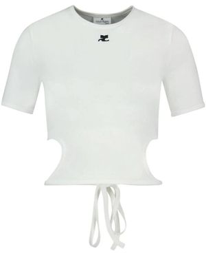 Courreges Tops ,Wit ,Katoen Cropped T-Shirt Met Uitsnijding