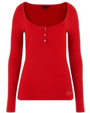 Guess Rotes Top Mit Quadratischem Ausschnitt Und Langen Ärmeln