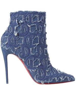 Christian Louboutin So Kate 100 Embroidered Distressed Denim Ankle Boots - Blue