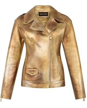 Roberto Cavalli Jassen ,Geel ,Leer Laminated Leather Biker Jacket - Groen