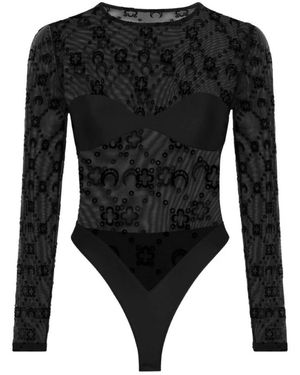 Marine Serre Tops ,Zwart ,Tweed Moonogram Mesh Flock Bodysuit Top