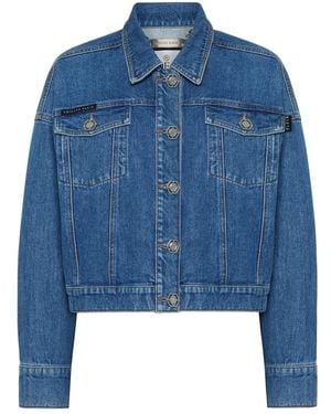 Philipp Plein Jassen ,Blauw ,Denim Denim Cropped Jas Crystal Franjes