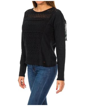 Superdry Rundhalsausschnitt Langarm-Jersey Mit Fransendetail - Schwarz
