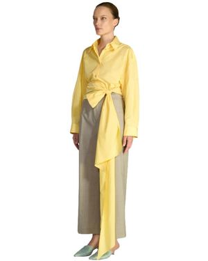 Erika Cavallini Semi Couture Overhemden ,Geel ,Katoen Fluid Overhemd Met Gedrapeerde Tailleband - Metallic