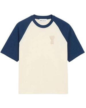 Ami Paris Boxy Fit T-Shirt Met Korte Mouwen En Gebreide De Coeur Patch - Blauw