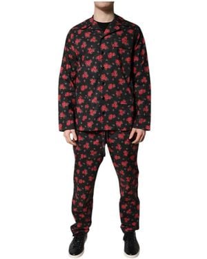 Dolce & Gabbana Nachtkleding ,Zwart ,Katoen Zwarte Katoenen Pyjamaset Met Bloemenprint - Rood