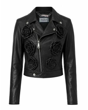 Philipp Plein Jassen ,Zwart ,Leer Leather Biker Flower