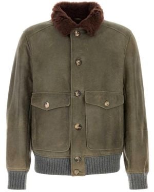 Brunello Cucinelli Jassen ,Groen ,Leer Gewaxt Shearling Bomberjack
