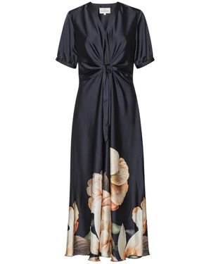 Karmamia Kleedjes ,Zwart ,Zwarte Bloem Maxi Jurk Met Knoopdetail - Blauw