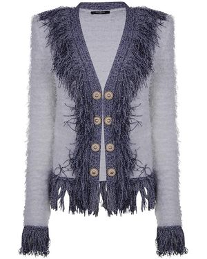 Balmain Jassen ,Veelkleurig ,Tweed Collarless Glittered Fringed Tweed Jacket - Blauw