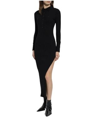 Courreges Rib Knit Polo Lange Jurk - Zwart