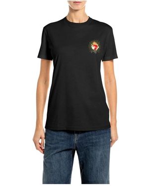 Replay Regular Fit Herz-Print T-Shirt - Schwarz
