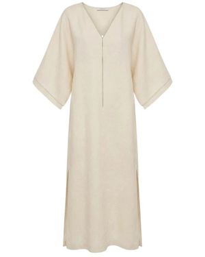 Peserico Kleedjes ,Wit ,Linnen Aurea V-Hals Midi Jurk - Naturel